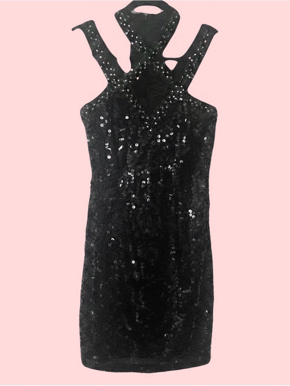 Vintage Y2K Niteline Della Roufogali Black Sequin Halter Dress Size 6 Disco LBD